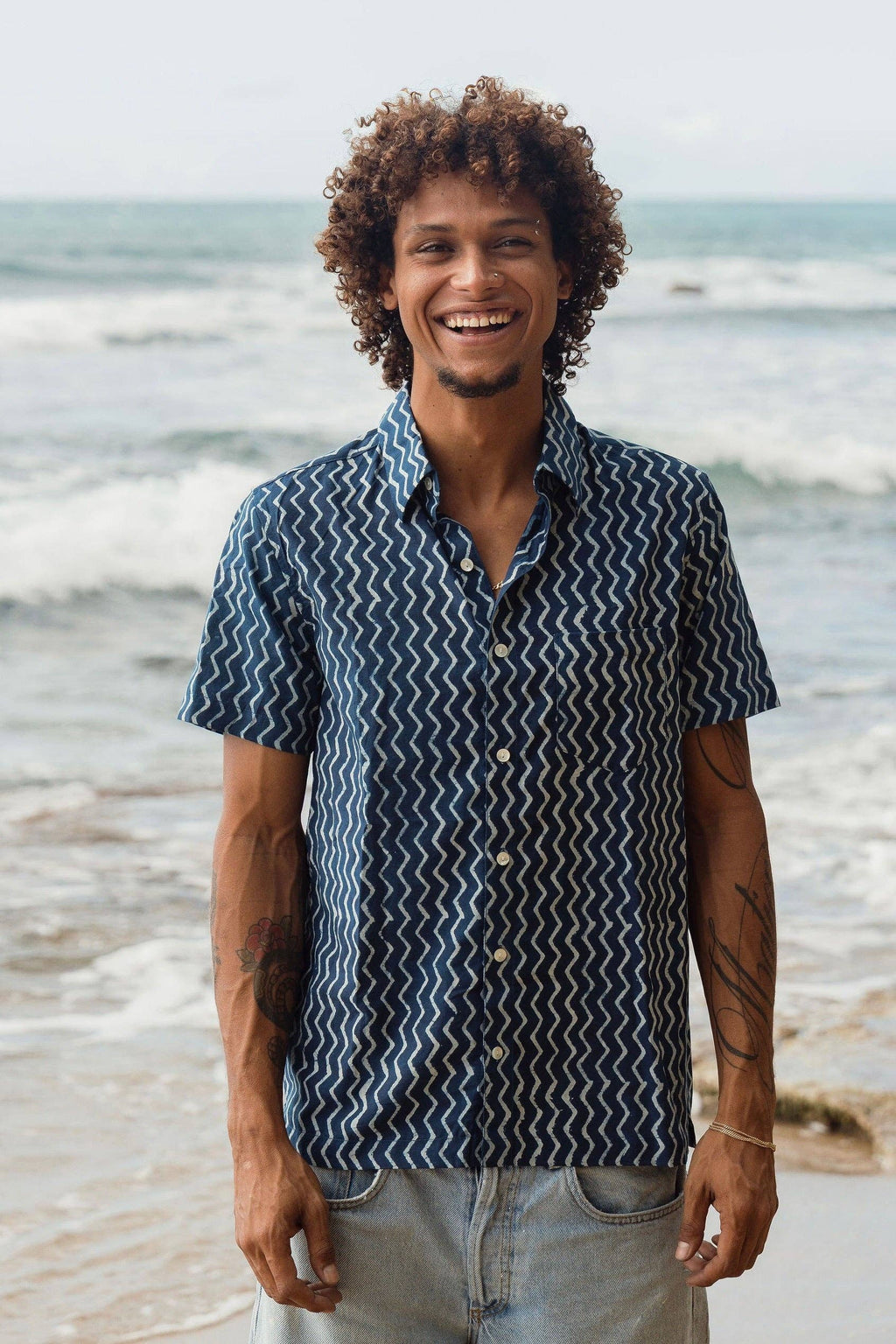 Men’s Organic Cotton Dabu Print Shirt - Indigo Zig Zag