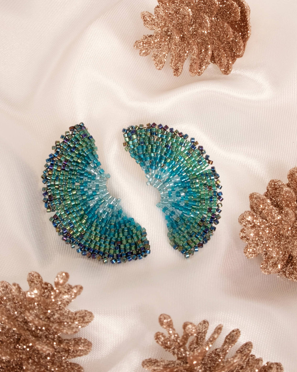Beaded Handwoven Ginkgo Leaf Stud Earrings (Green)