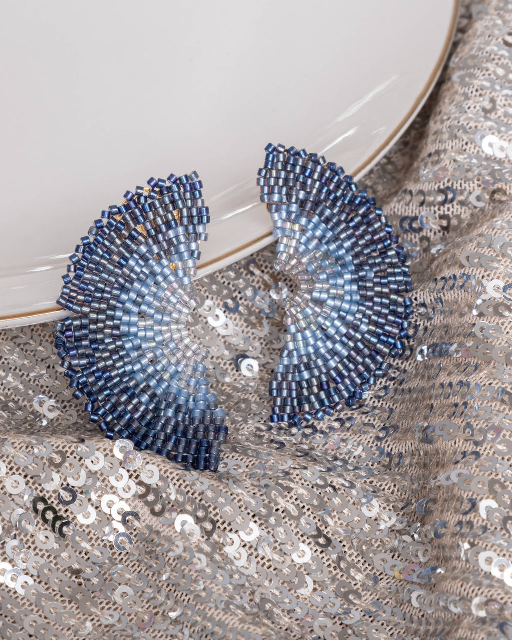 Beaded Handwoven Ginkgo Leaf Stud Earrings (Blue)