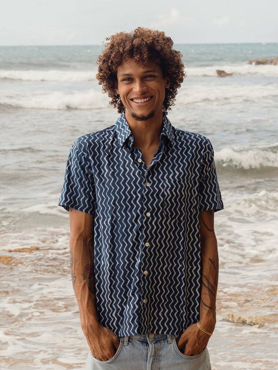 Men’s Organic Cotton Dabu Print Shirt - Indigo Zig Zag