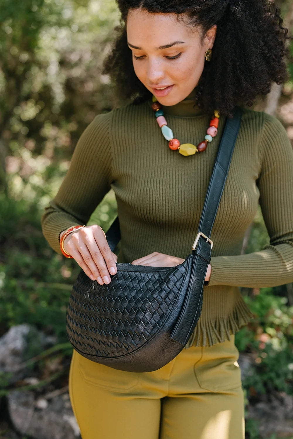 Crescent Sling, Woven Leather Noir