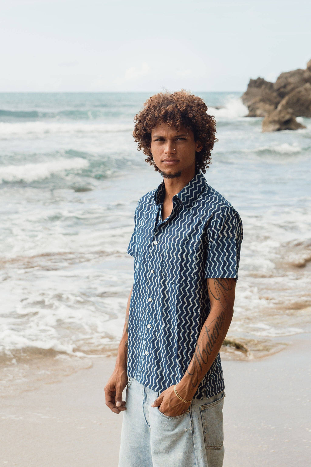 Men’s Organic Cotton Dabu Print Shirt - Indigo Zig Zag